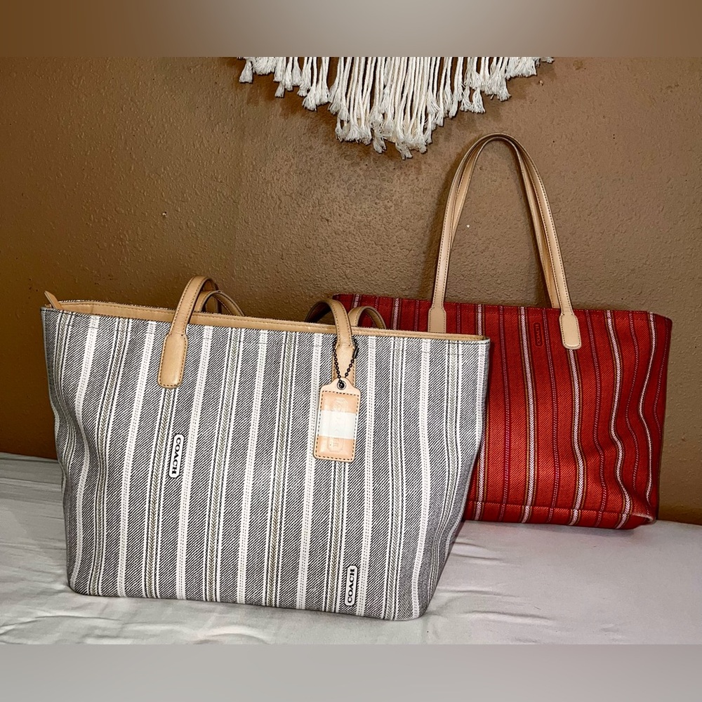 Coach Striped Tote Bundle- Gray and Orange bags
